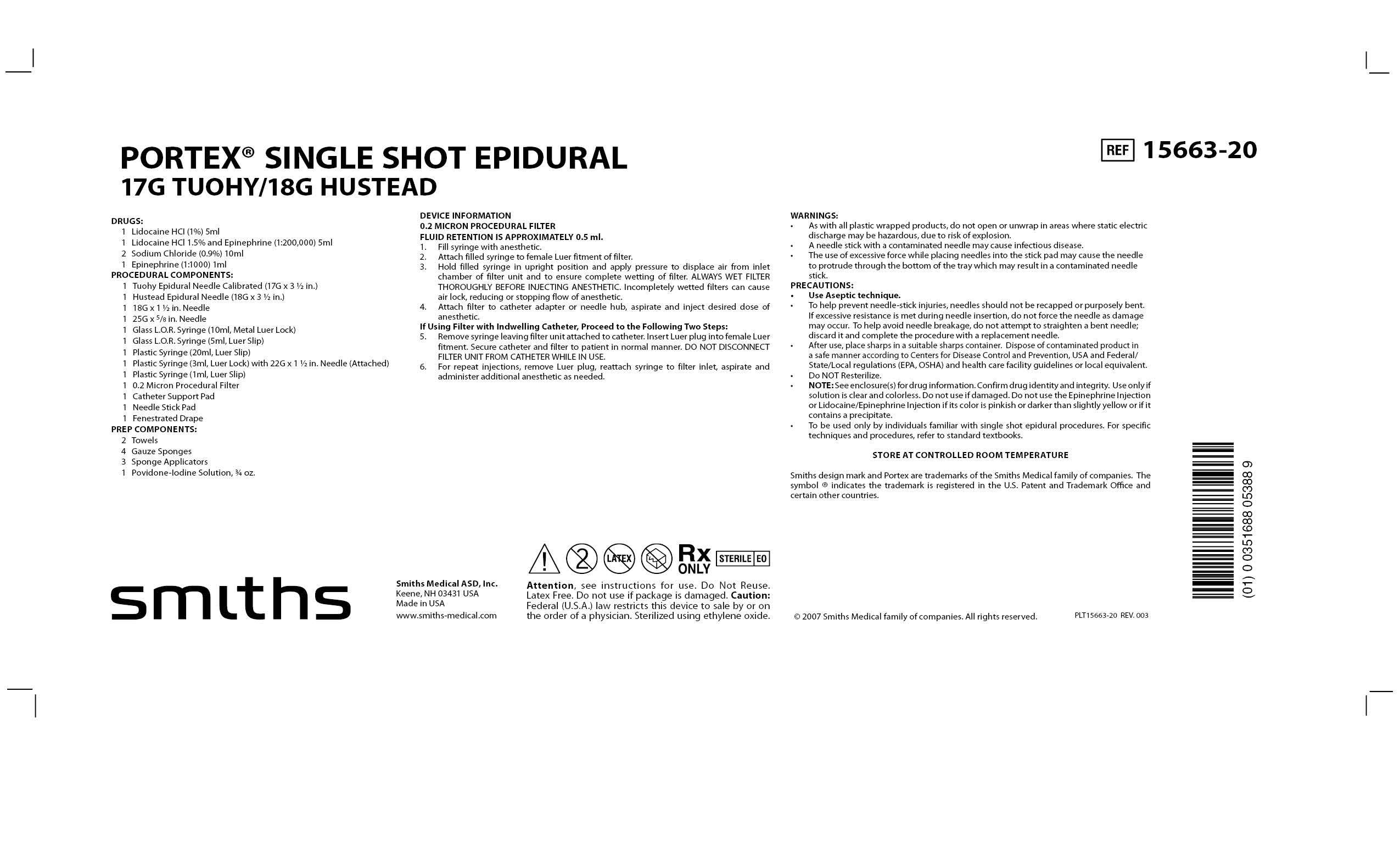15663-20 PORTEX SINGLE SHOT EPIDURAL 17G TUOHY/18G HUSTEAD
