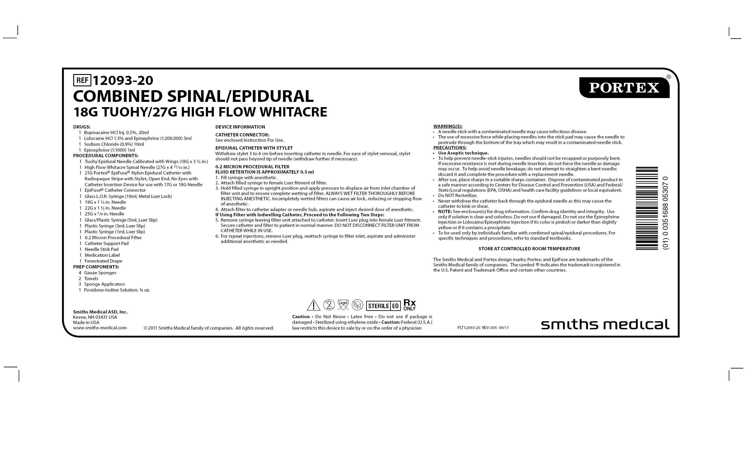 12093-20 COMBINED SPINAL/EPIDURAL 18G TUOHY/27G HIGH FLOW WHITACRE