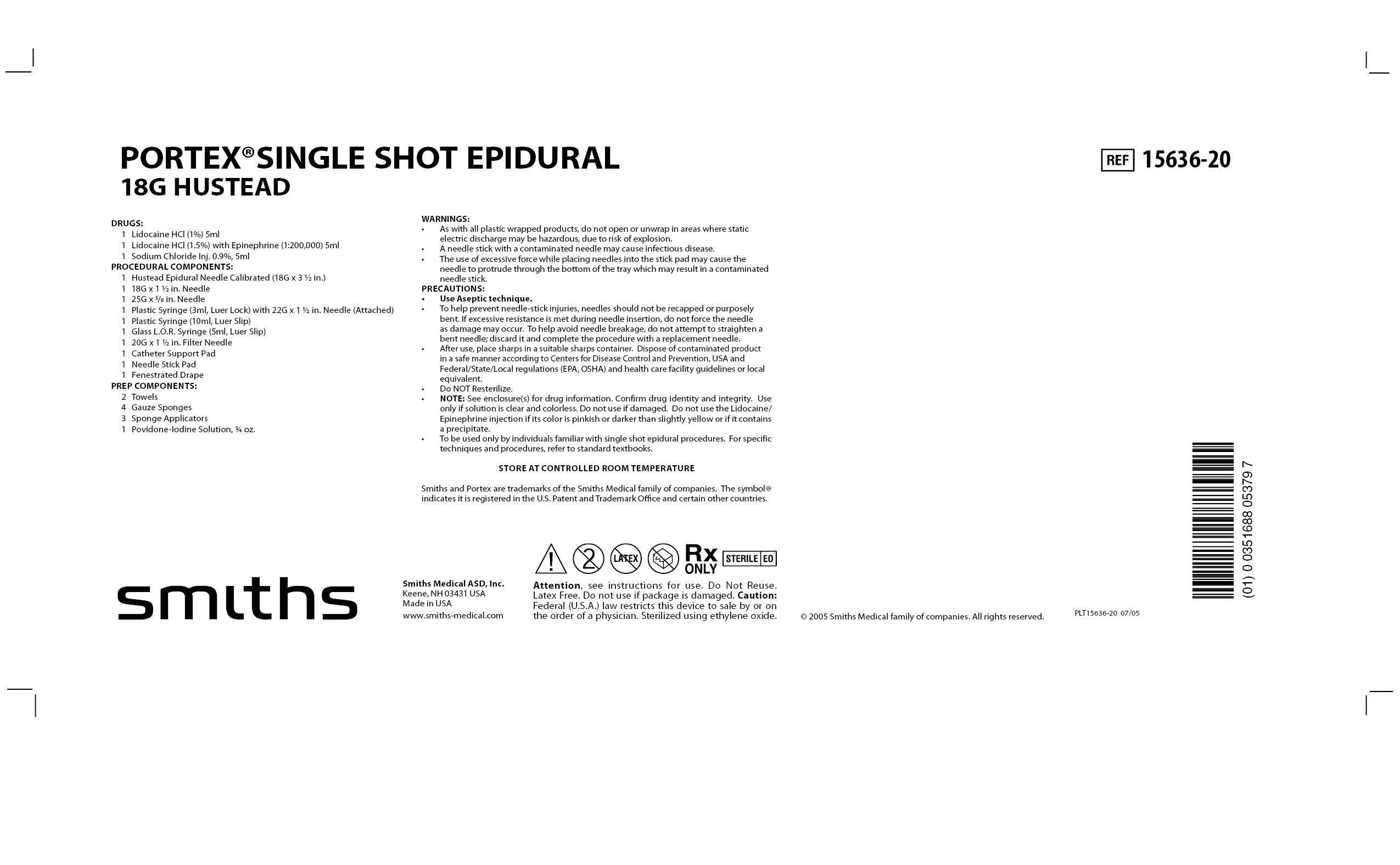 15636-20 PORTEX SINGLE SHOT EPIDURAL 18G HUSTEAD