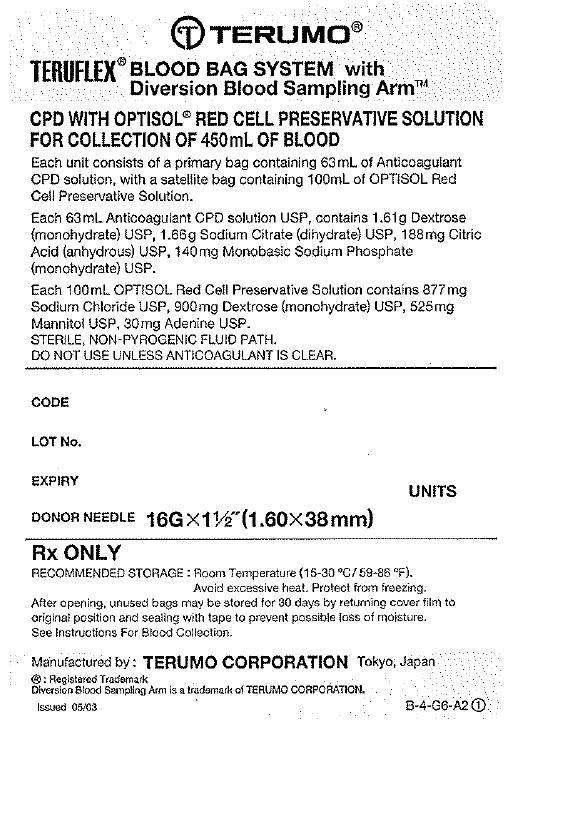 TERUFLEX Blood Bag System with Diversion Blood Sampling Arm Anticoagulant Citrate Phosphate Dextrose (CPD) AND OPTISOL (AS-5) Red Cell Preservative