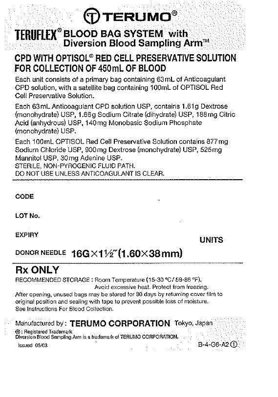 TERUFLEX Blood Bag System with Diversion Blood Sampling Arm Anticoagulant Citrate Phosphate Dextrose (CPD) AND OPTISOL (AS-5) Red Cell Preservative