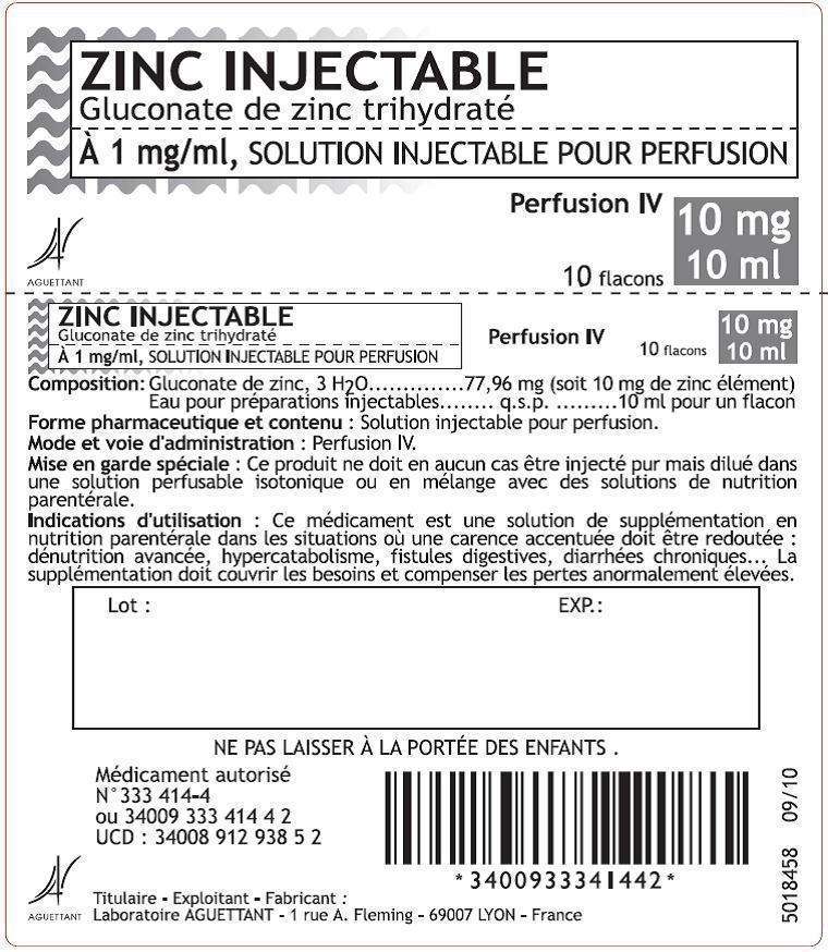 ZINC INJECTABLE A 1mg/ml, solution injectable pour perfusion