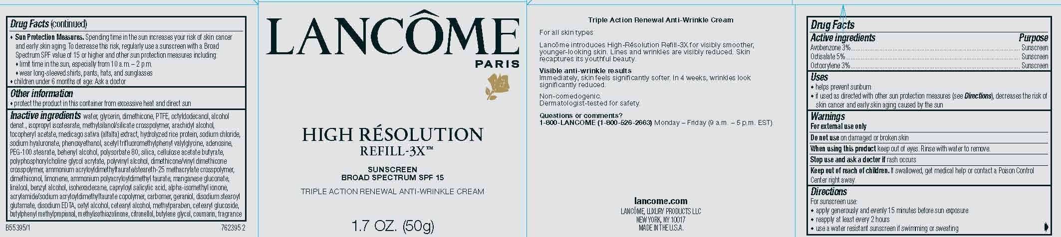 Lancome Paris High Resolution Refill 3X Triple Action Renewal Anti Wrinkle Broad Spectrum SPF 15 Sunscreen