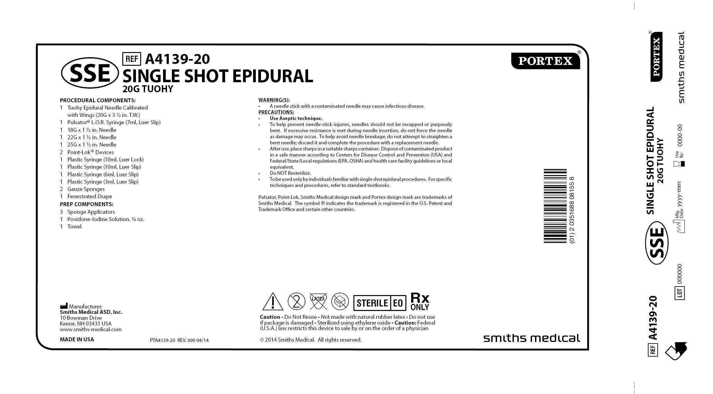 A4139-20 SINGLE SHOT EPIDURAL 20G TUOHY