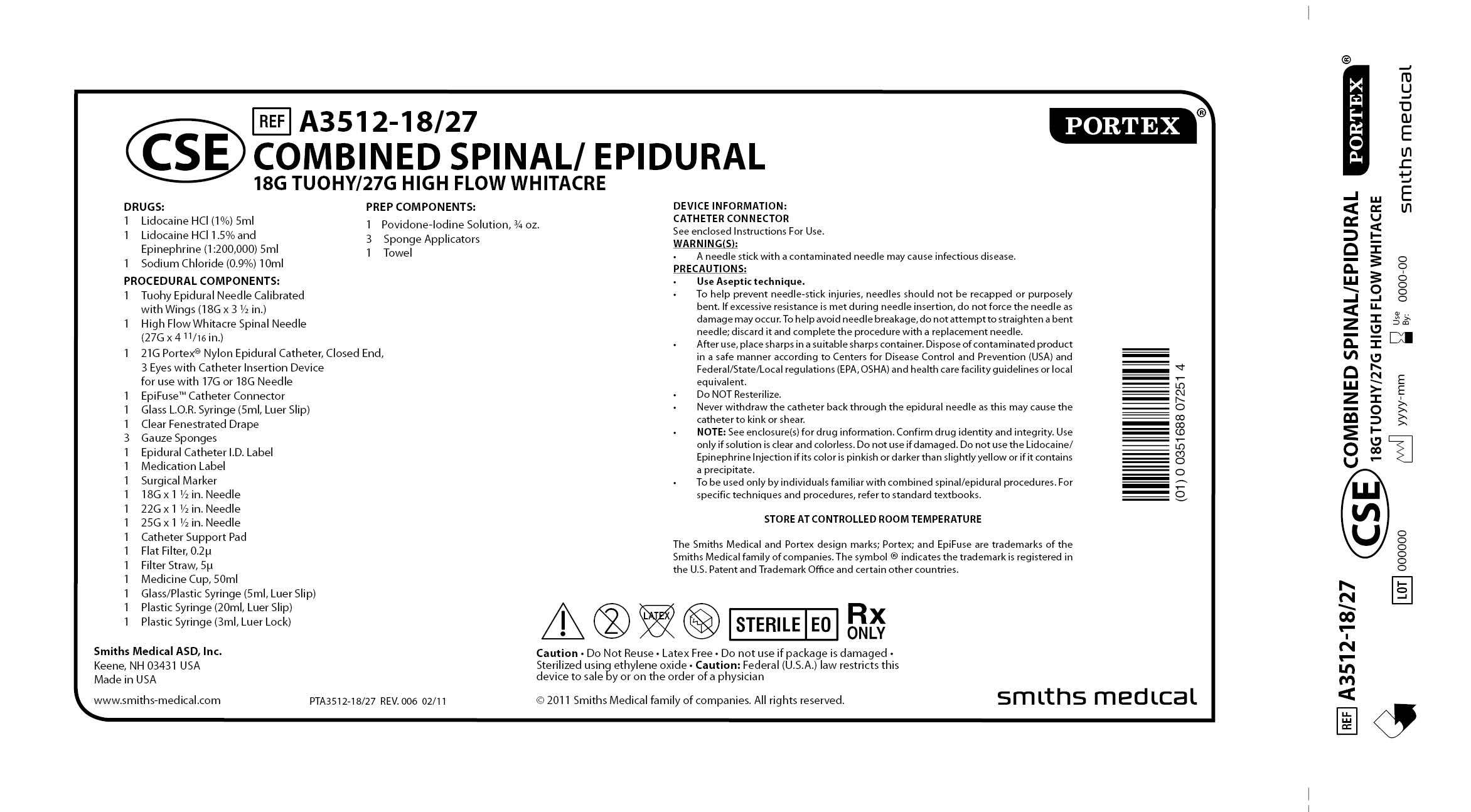 A3512-18/27 COMBINED SPINAL/EPIDURAL 18G TUOHY/27G HIGH FLOW WHITACRE