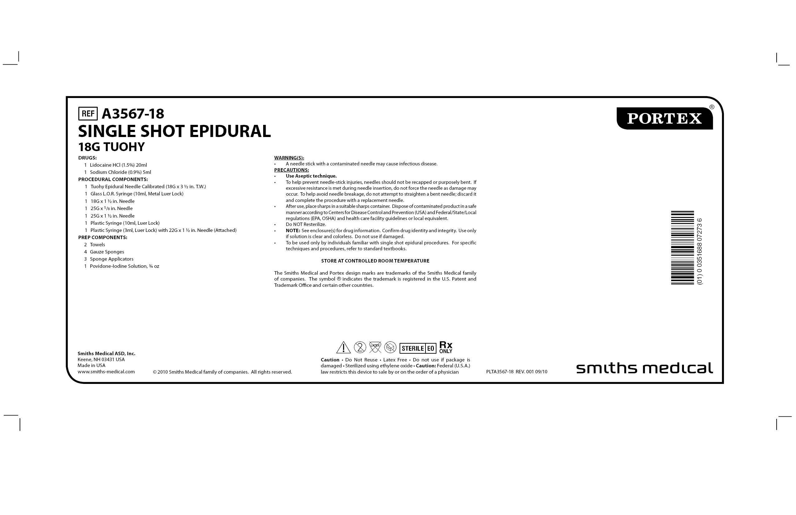 A3567-18 SINGLE SHOT EPIDURAL 18G TUOHY