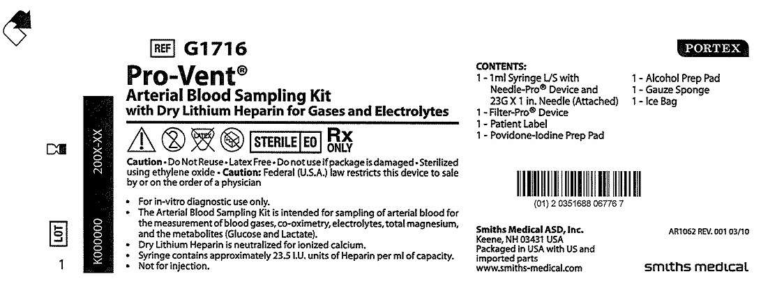 G1716 Pro-Vent Arterial Blood Sampling Kit with Dry Lithum Heparin for Gases and Electrolytes