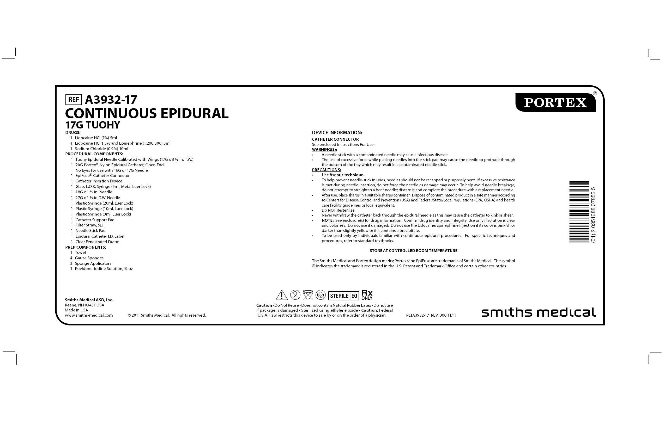 A3932-17 CONTINUOUS EPIDURAL 17G TUOHY