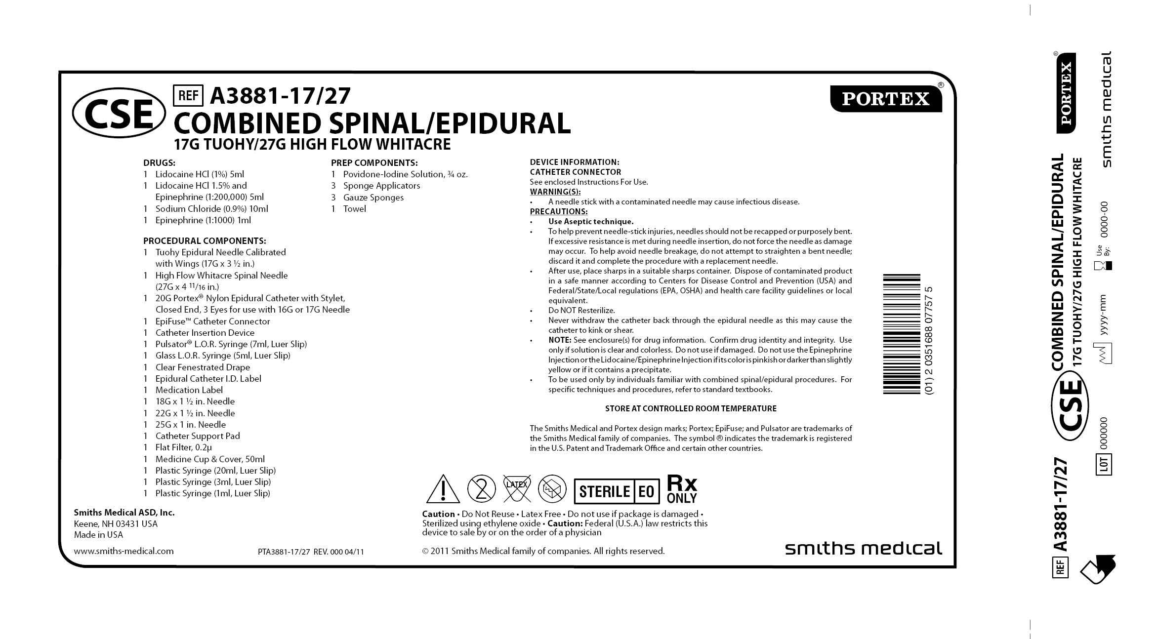 A3881-17/27 COMBINED SPINAL/EPIDURAL 17G TUOHY/27G HIGH FLOW WHITACRE