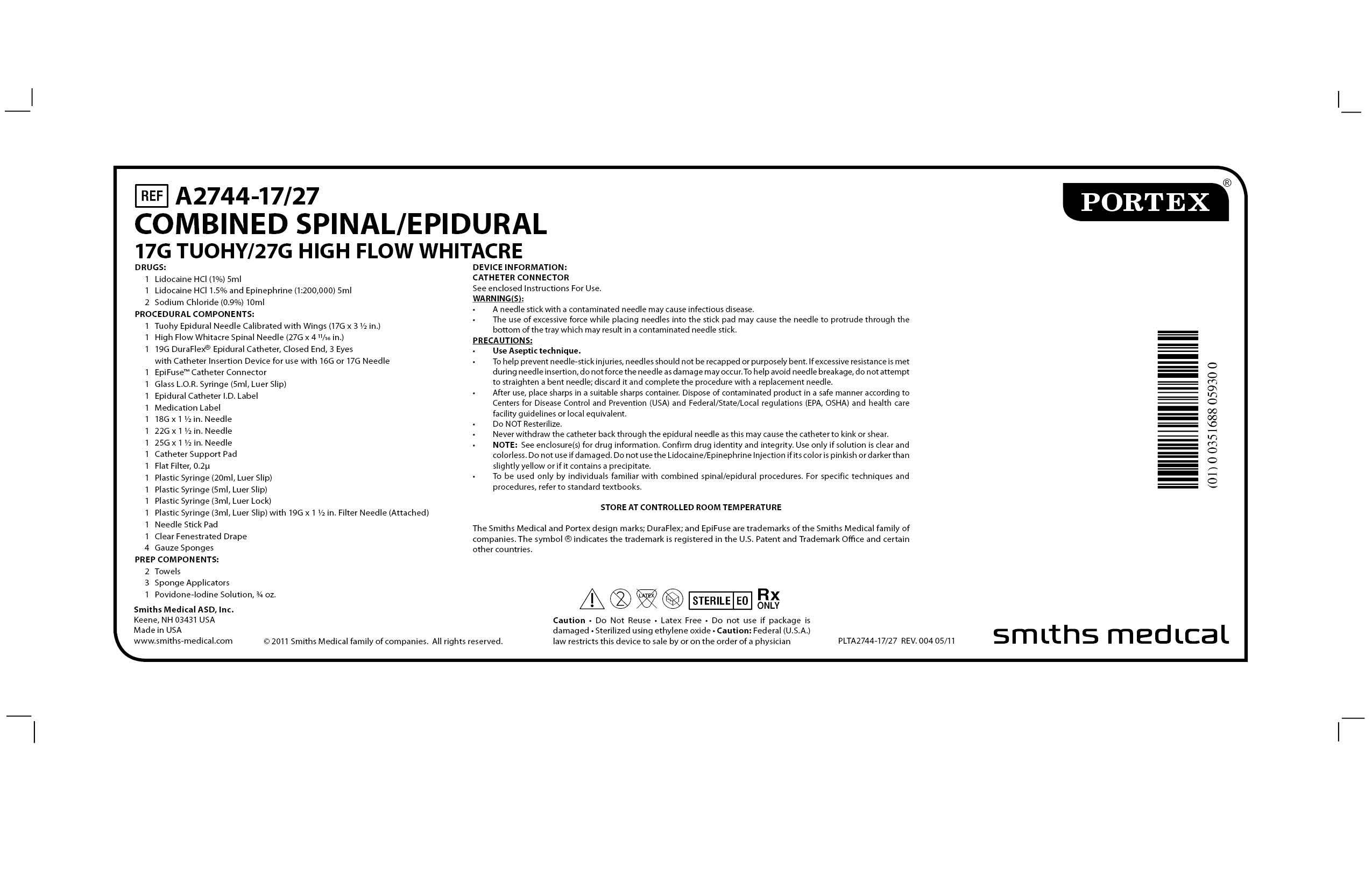 A2744-17/27 COMBINED SPINAL/EPIDURAL 17G TUOHY/27G HIGH FLOW WHITACRE