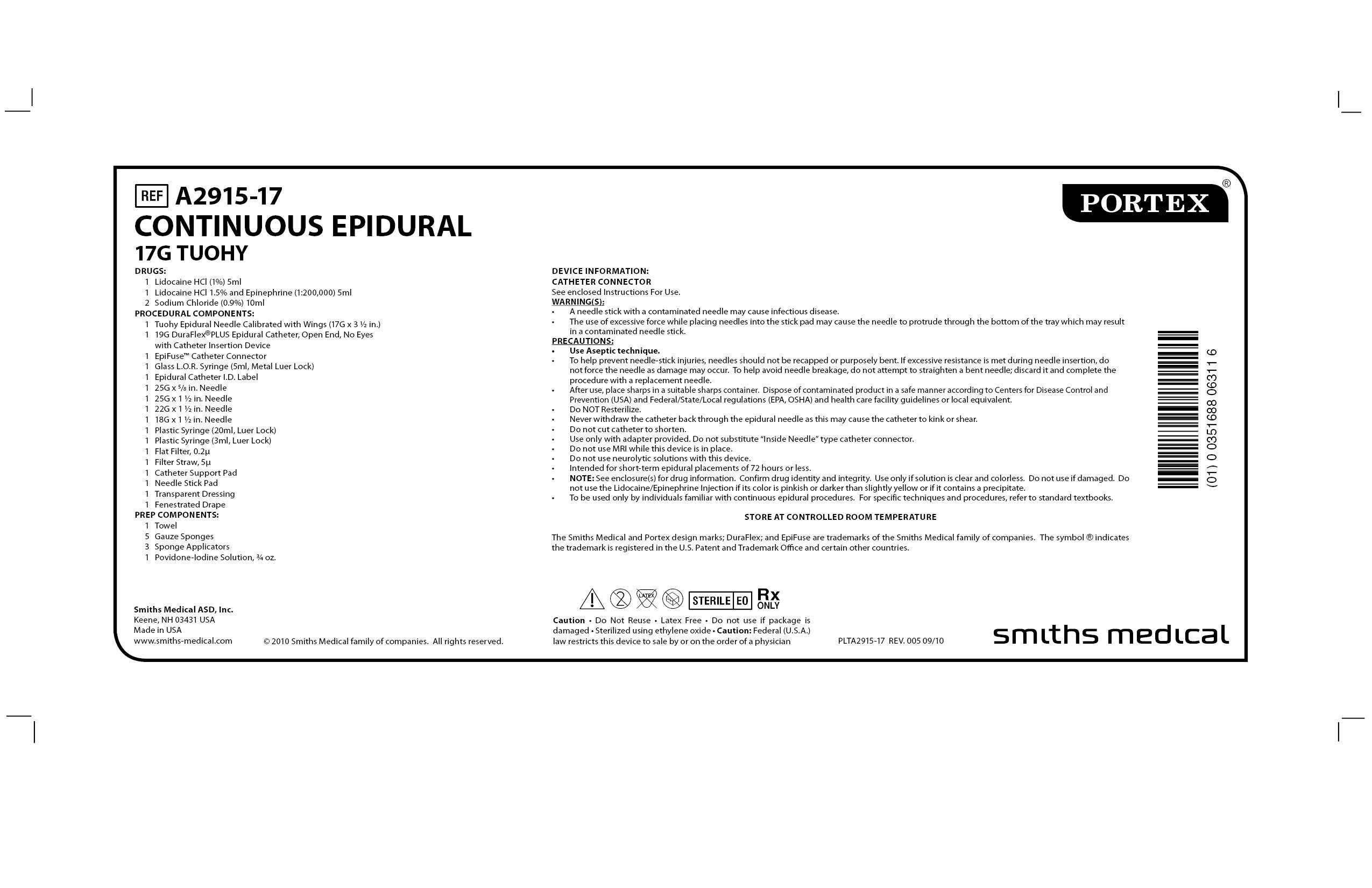 A2915-17 CONTINUOUS EPIDURAL 17G TUOHY