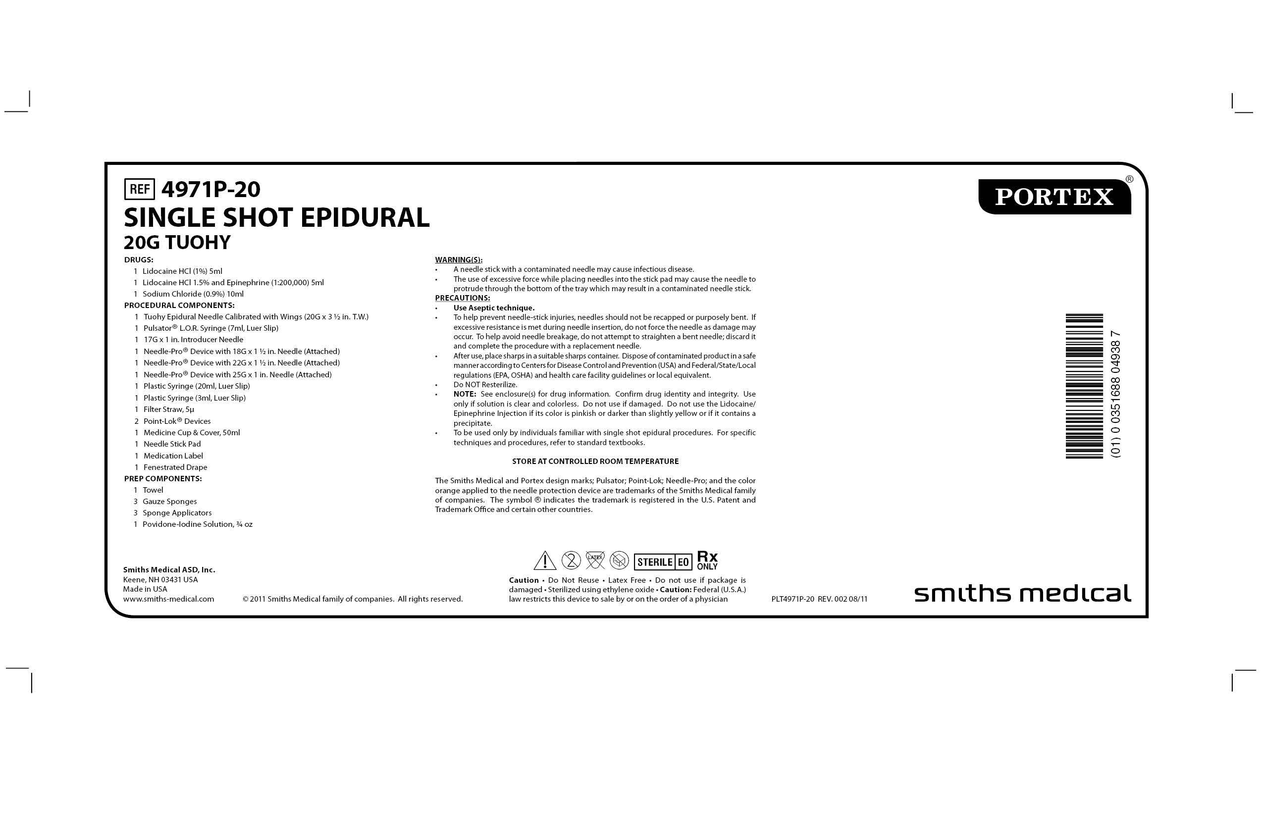 4971P-20 SINGLE SHOT EPIDURAL 20G TUOHY