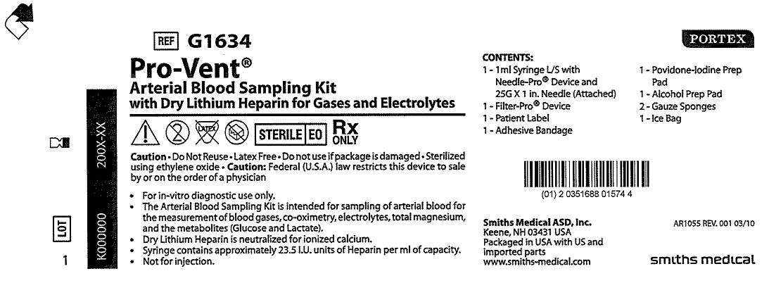 G1634 Pro-Vent Arterial Blood Sampling Kit with Dry Lithum Heparin for Gases and Electrolytes