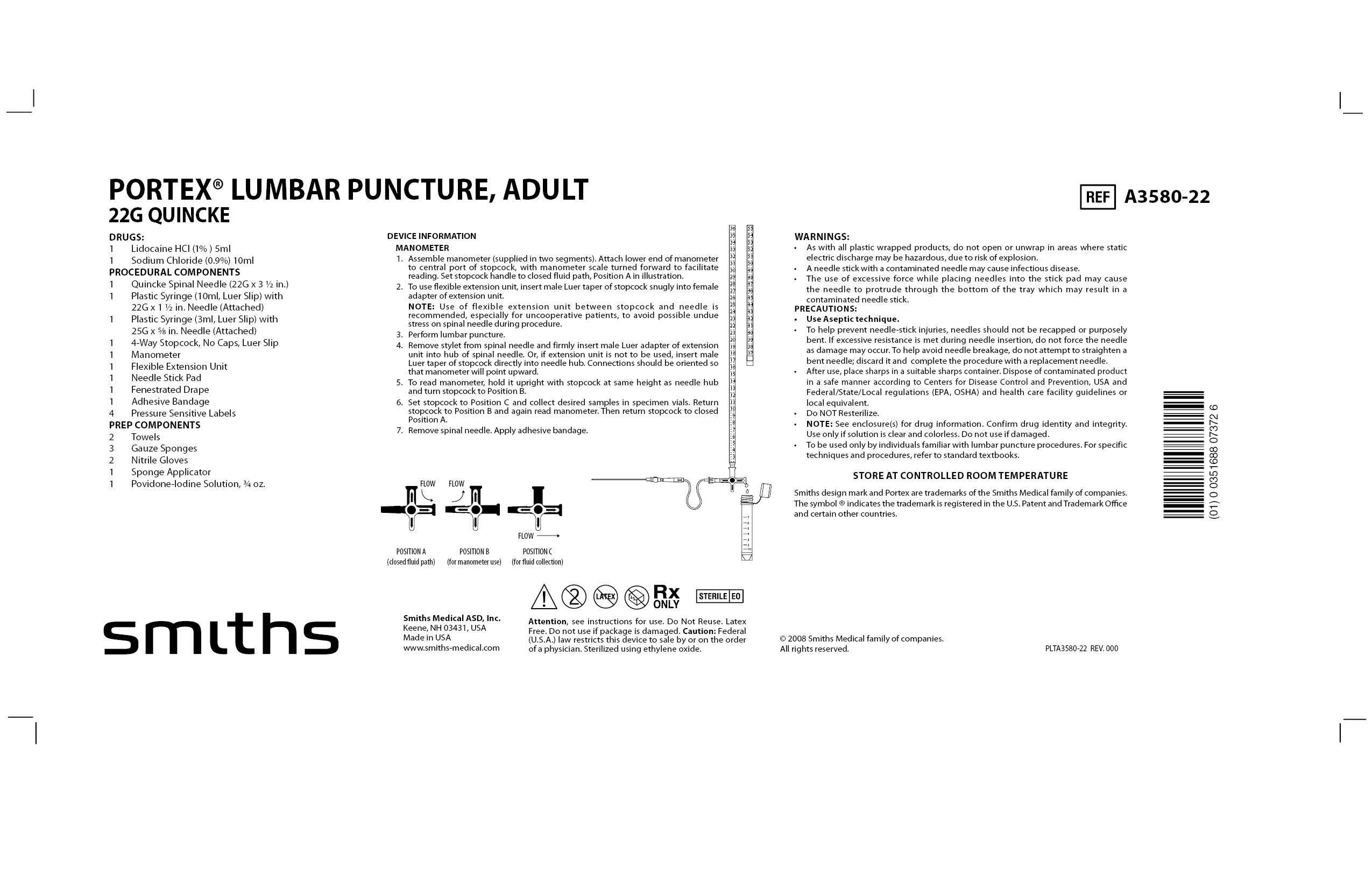 A3580-22 PORTEX LUMBAR PUNCTURE, ADULT