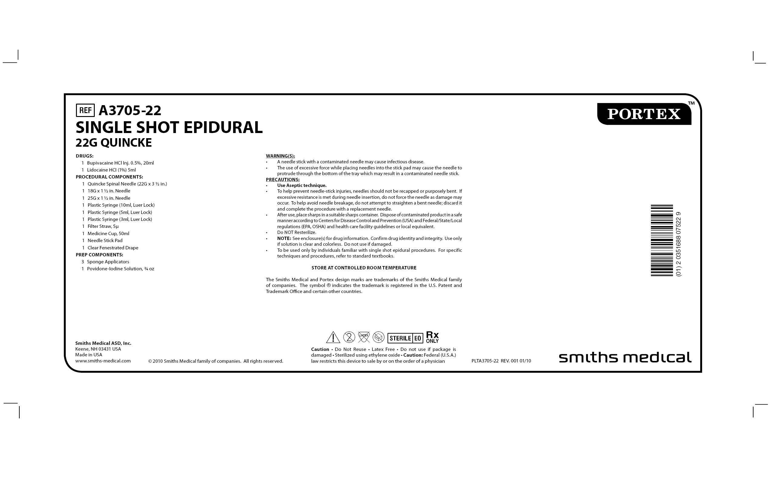 A3705-22 SINGLE SHOT EPIDURAL 22G QUINCKE