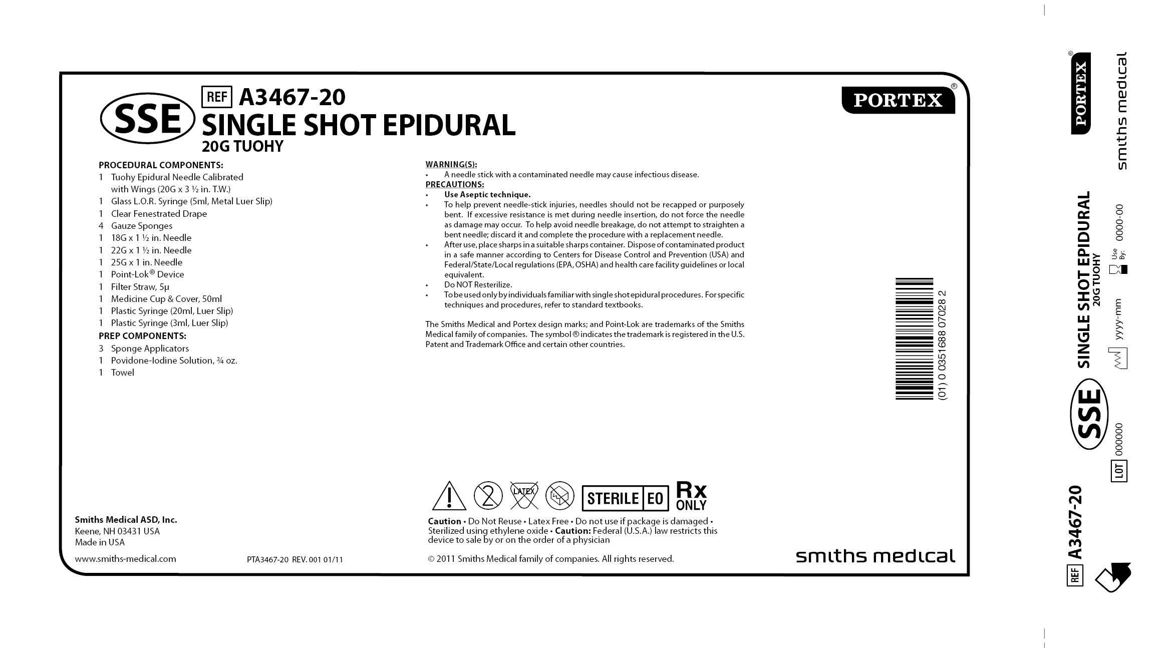 A3467-20 SINGLE SHOT EPIDURAL 20G TUOHY