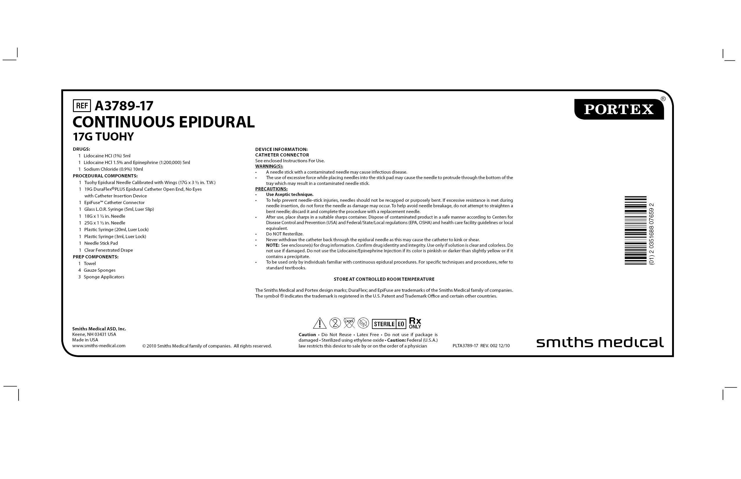 A3789-17 CONTINUOUS EPIDURAL 17G TUOHY