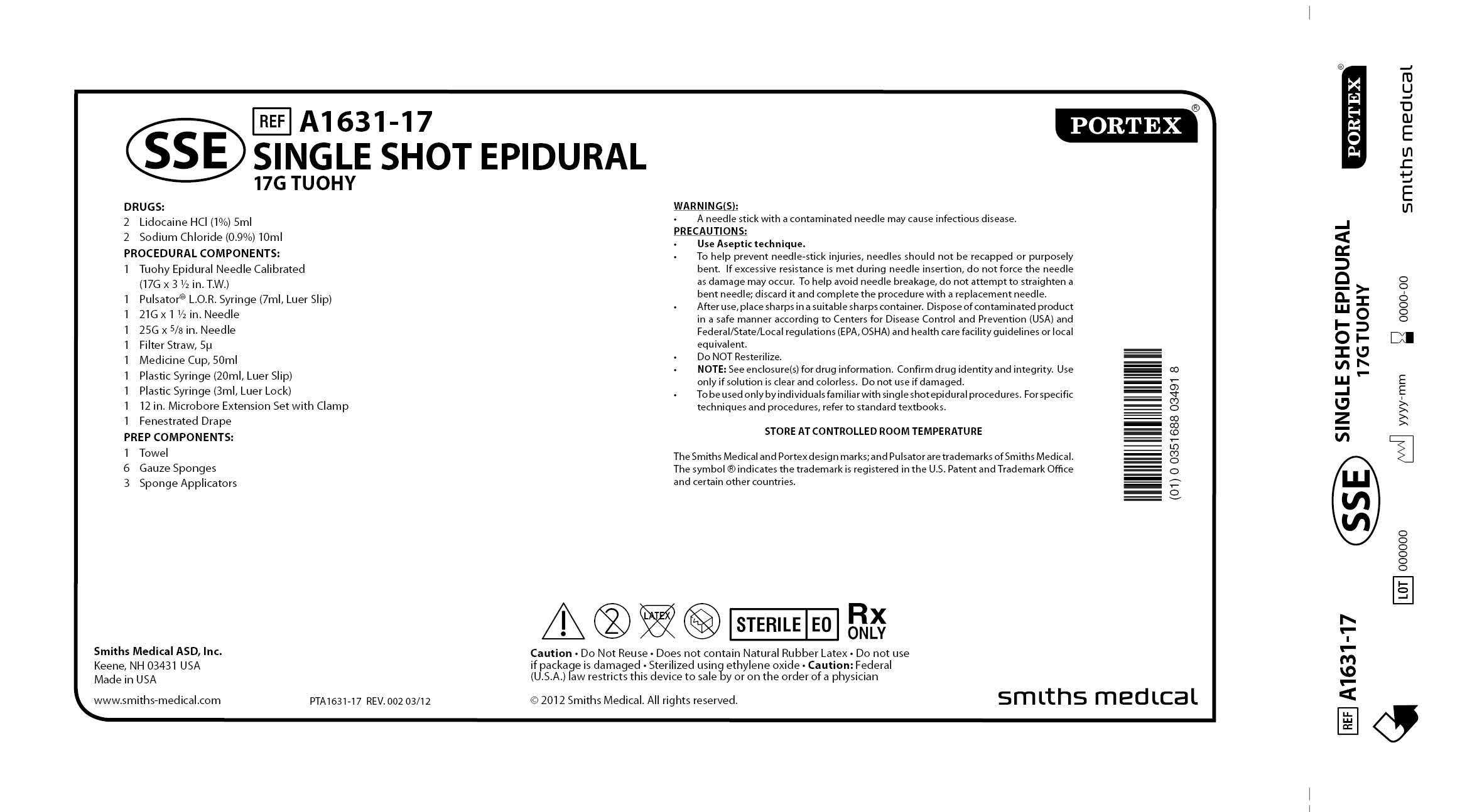 A1631-17 SINGLS SHOT EPIDURAL 17G TUOHY