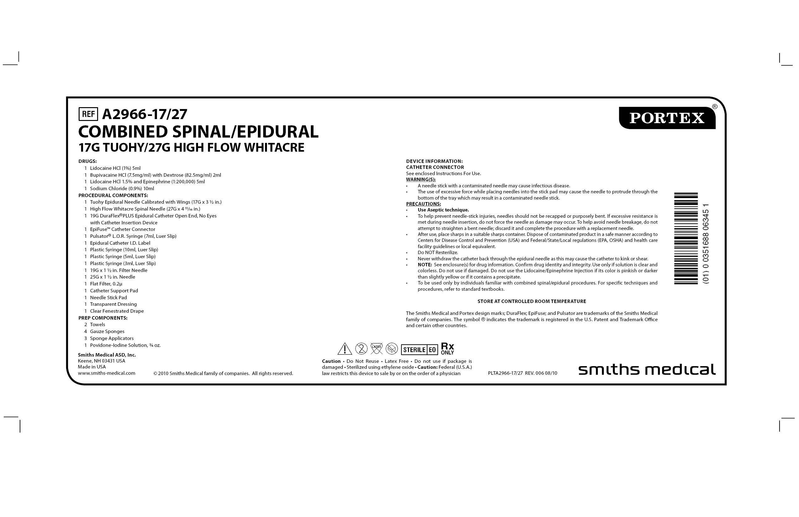 A2966-17/27 COMBINED SPINAL/EPIDURAL 17G/27G HIGH FLOW WHITACRE