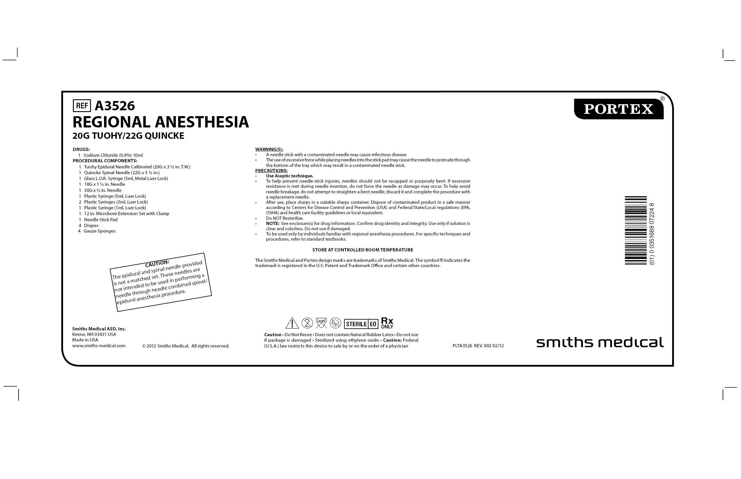 A3526 REGIONAL ANESTHESIA 20G TUOHY/22G QUINCKE