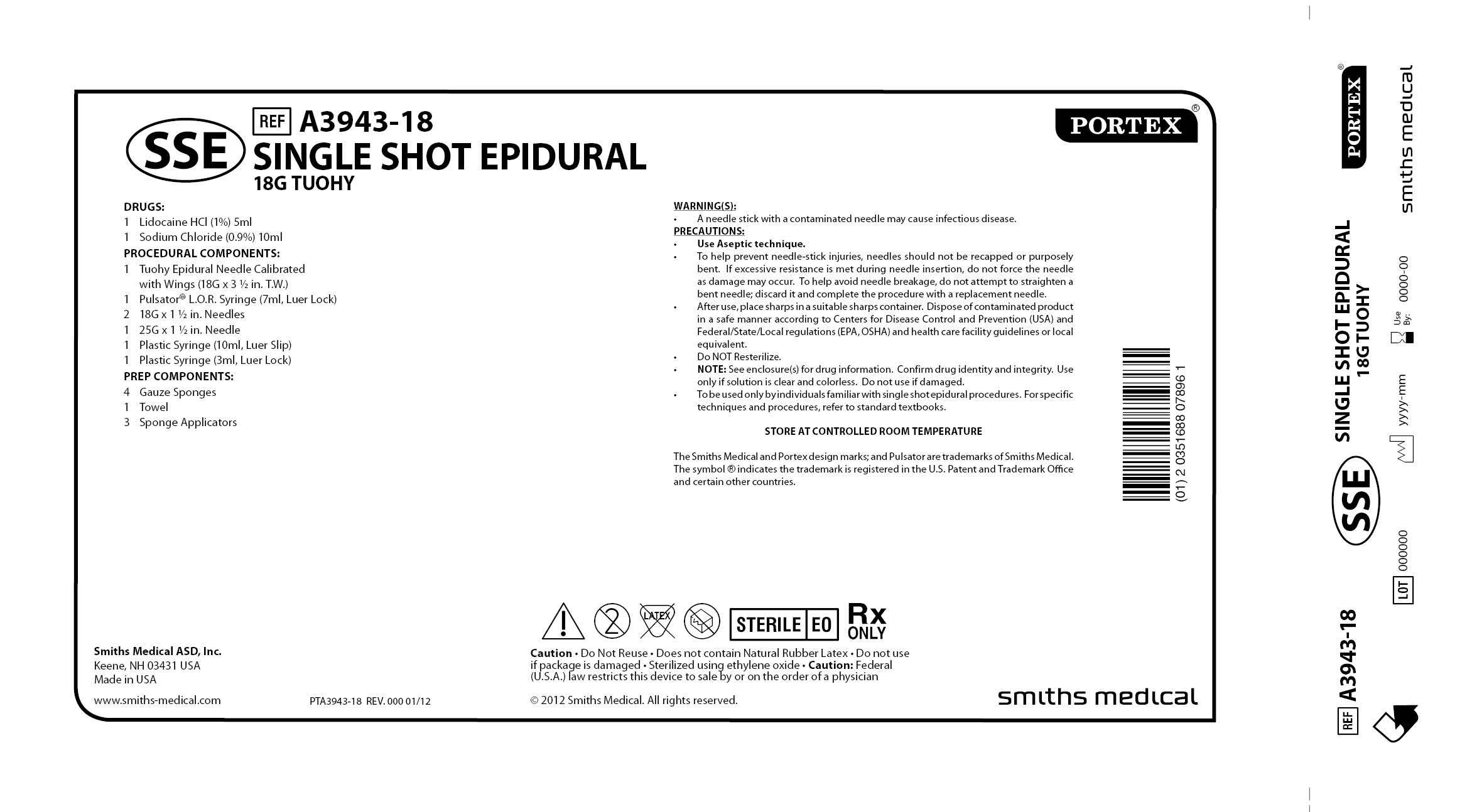 A3943-18 SINGLE SHOT EPIDURAL 18G TUOHY