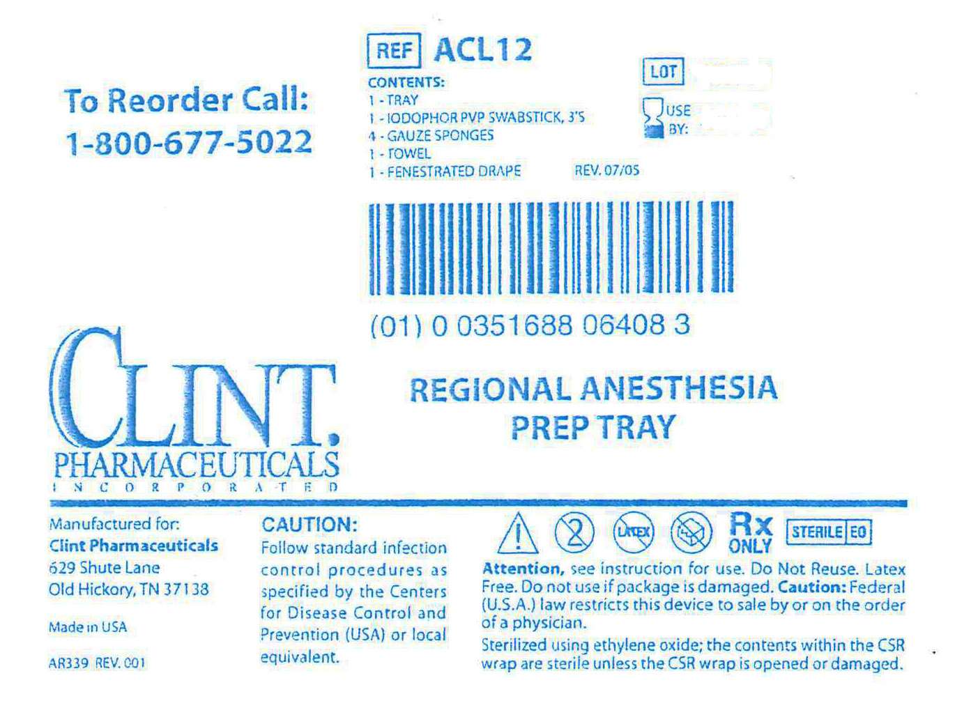 ACL12 REGIONAL ANESTHESIA PREP TRAY