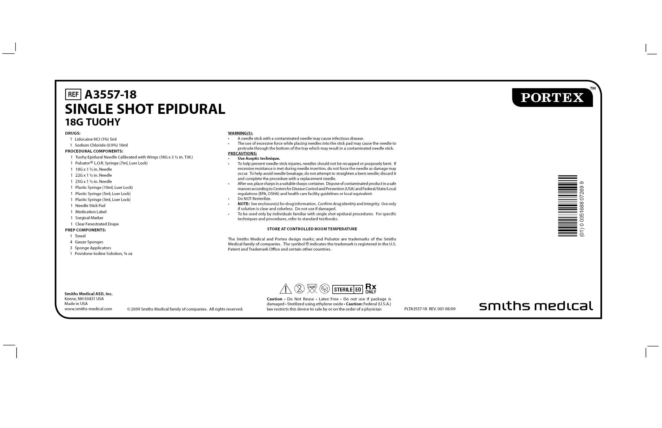 A3557-18 SINGLE SHOT EPIDURAL 18G TUOHY