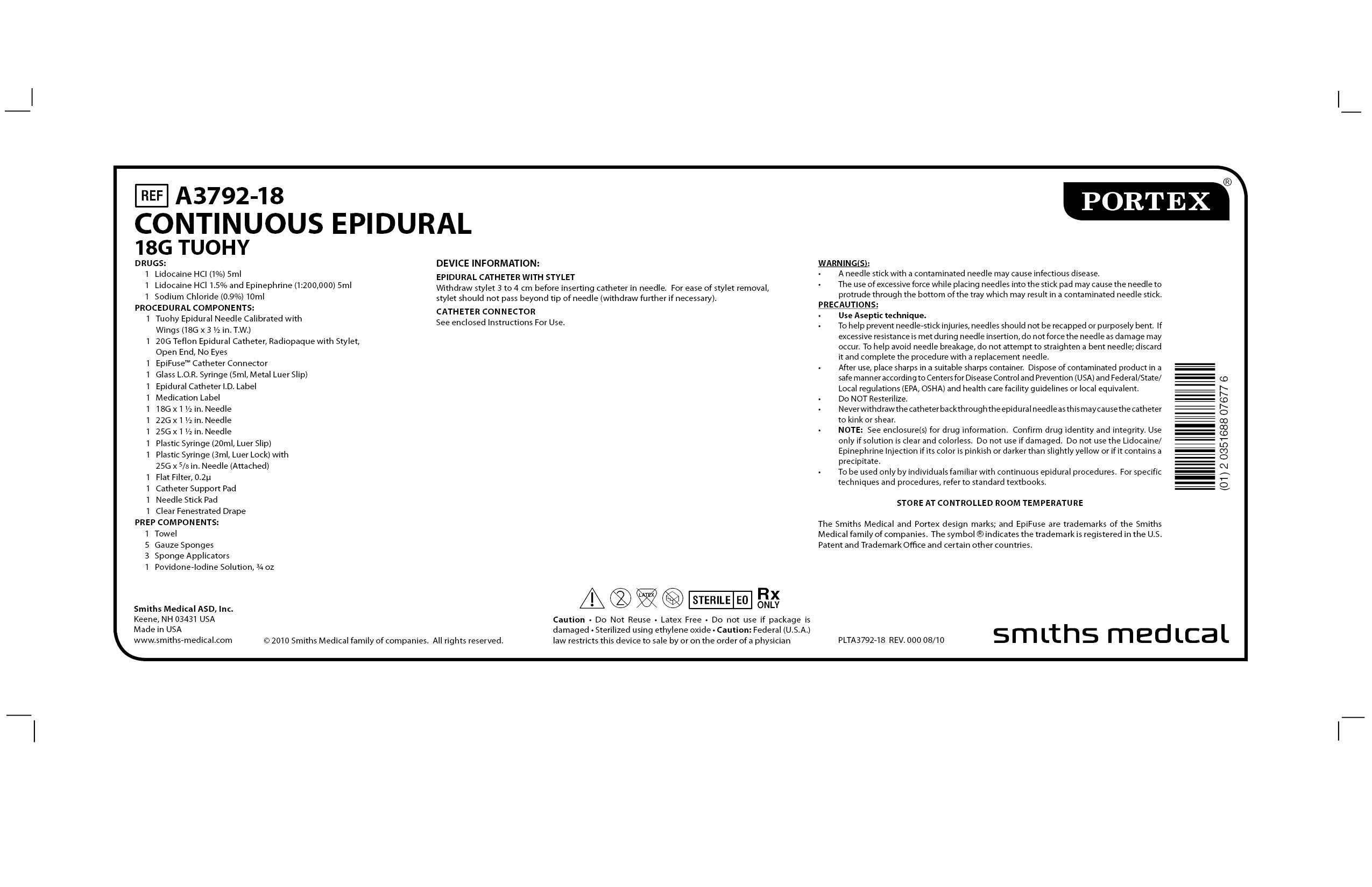 A3792-18 CONTINUOUS EPIDURAL 18G TUOHY