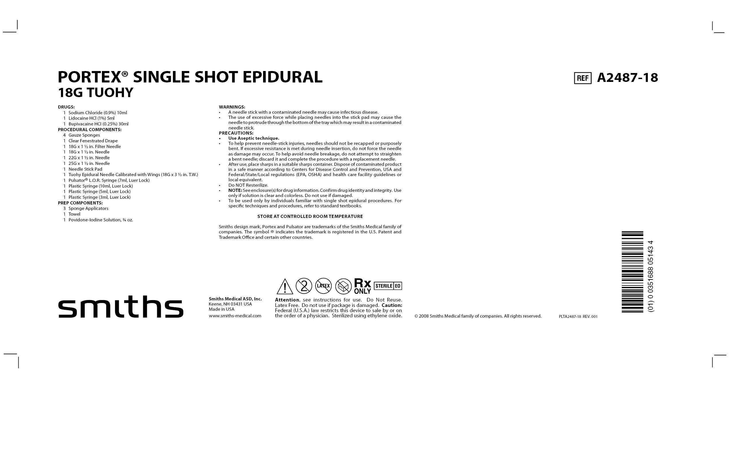 A2487-18 PORTEX SINGLE SHOT EPIDURAL