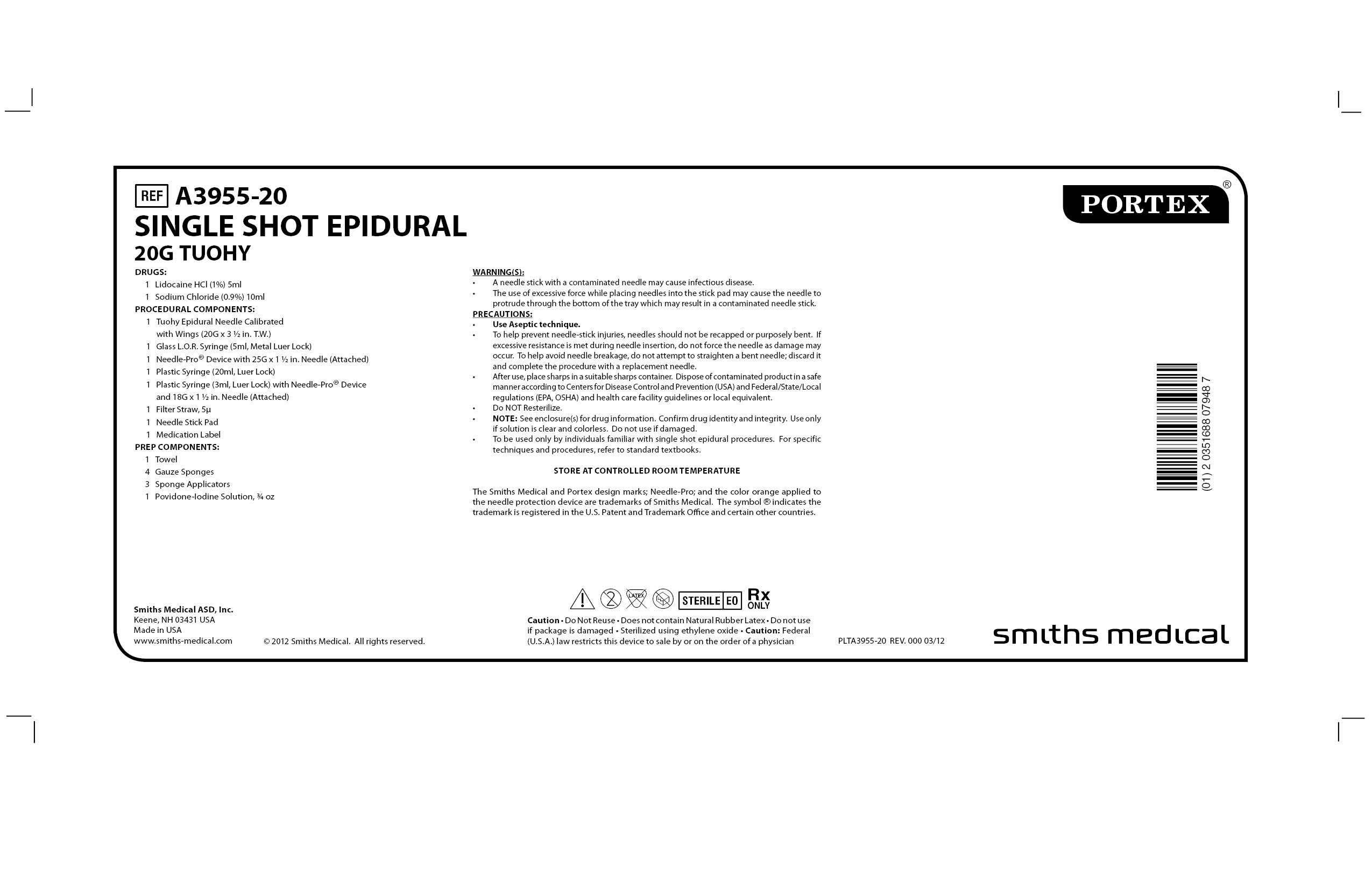 A3955-20 SINGLE SHOT EPIDURAL 20G TUOHY