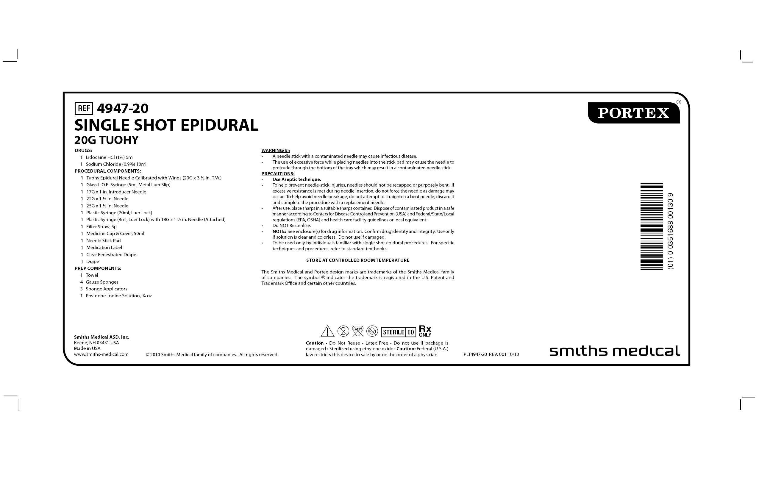 4947-20 SINGLE SHOT EPIDURAL 20G TUOHY