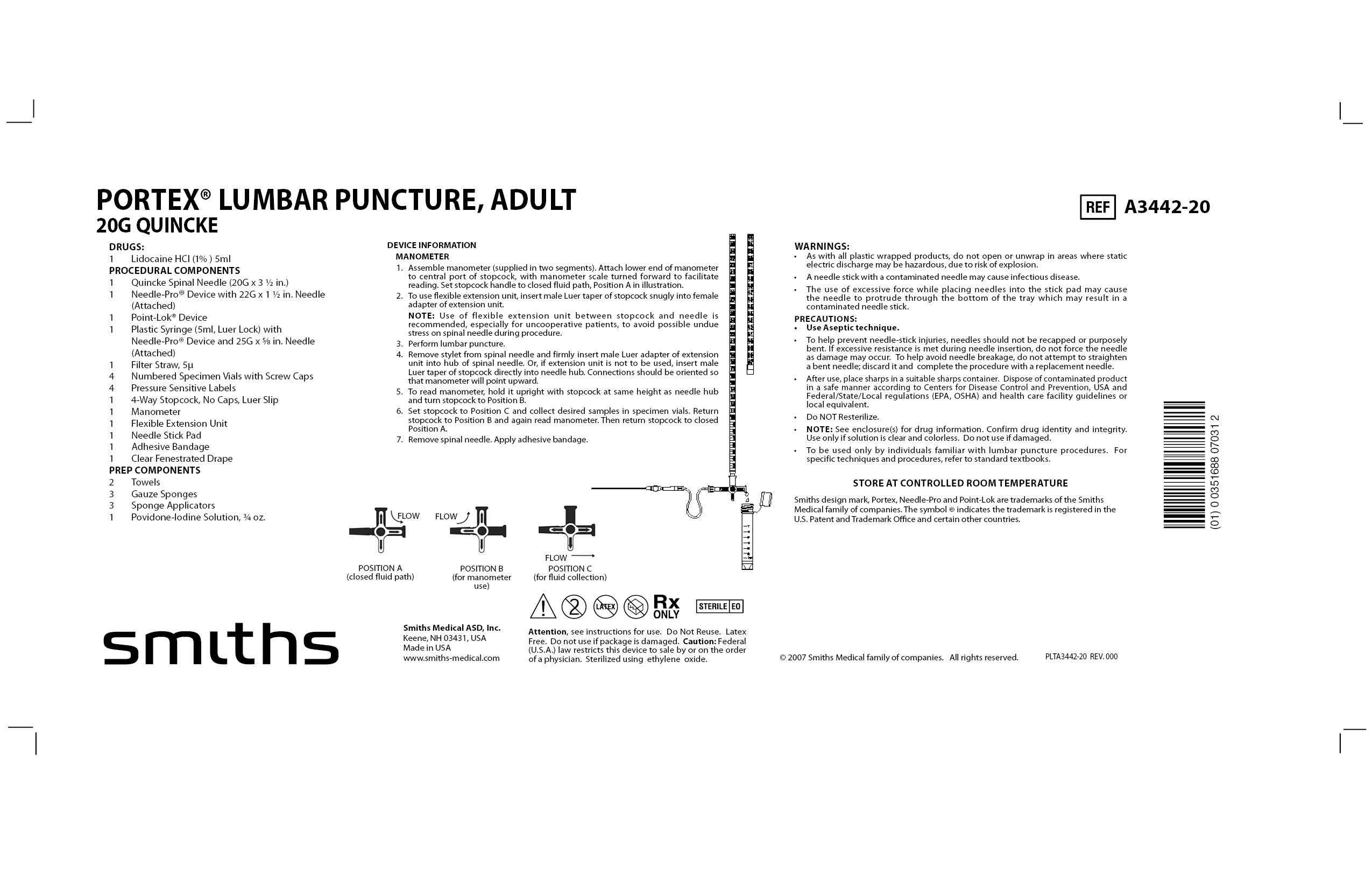 A3442-20 PORTEX LUMBAR PUNCTURE, ADULT 20G QUINCKE