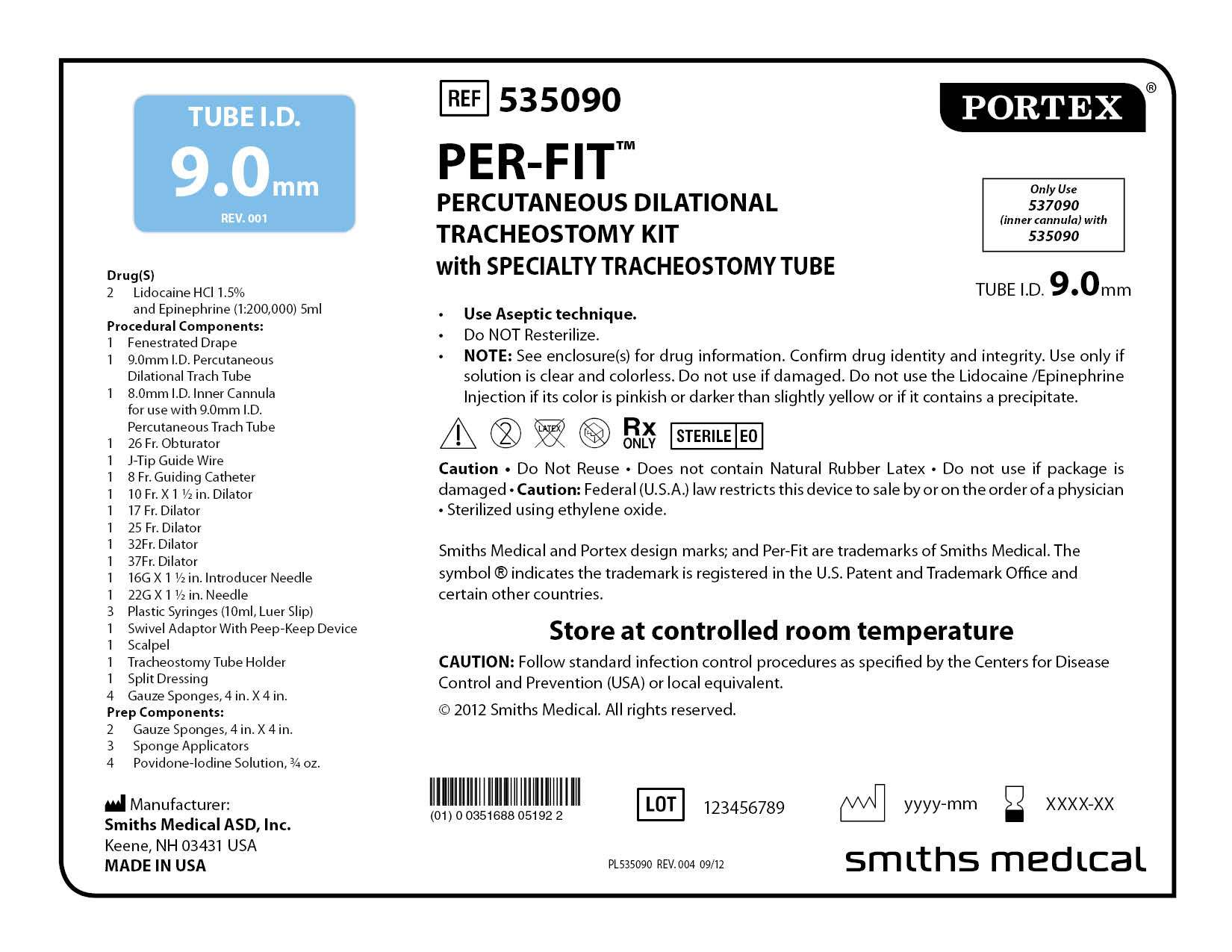 535090 PER-FIT PERCUTANEOUS DILATIONAL TRACHESTOMY KIT with SPECIALTY TRACHEOSTOMY TUBE