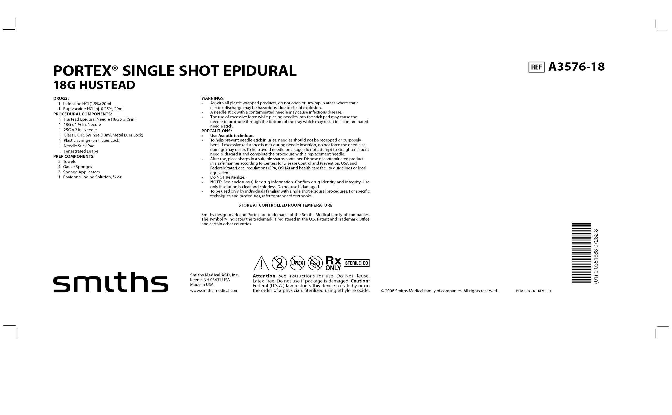 A3576-18 PORTEX SINGLE SHOT EPIDURAL