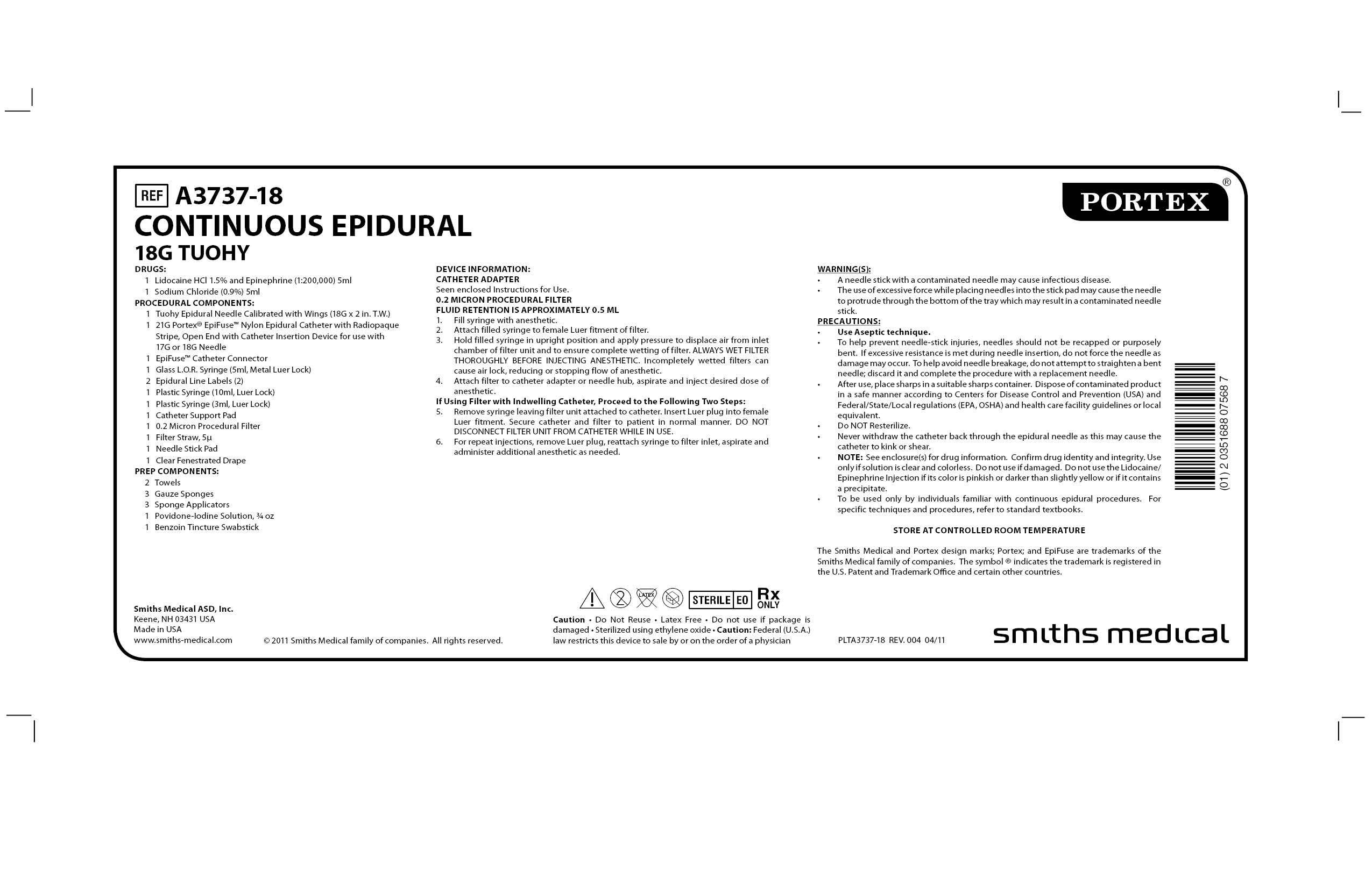 A3737-18 CONTINUOUS EPIDURAL 18G TUOHY