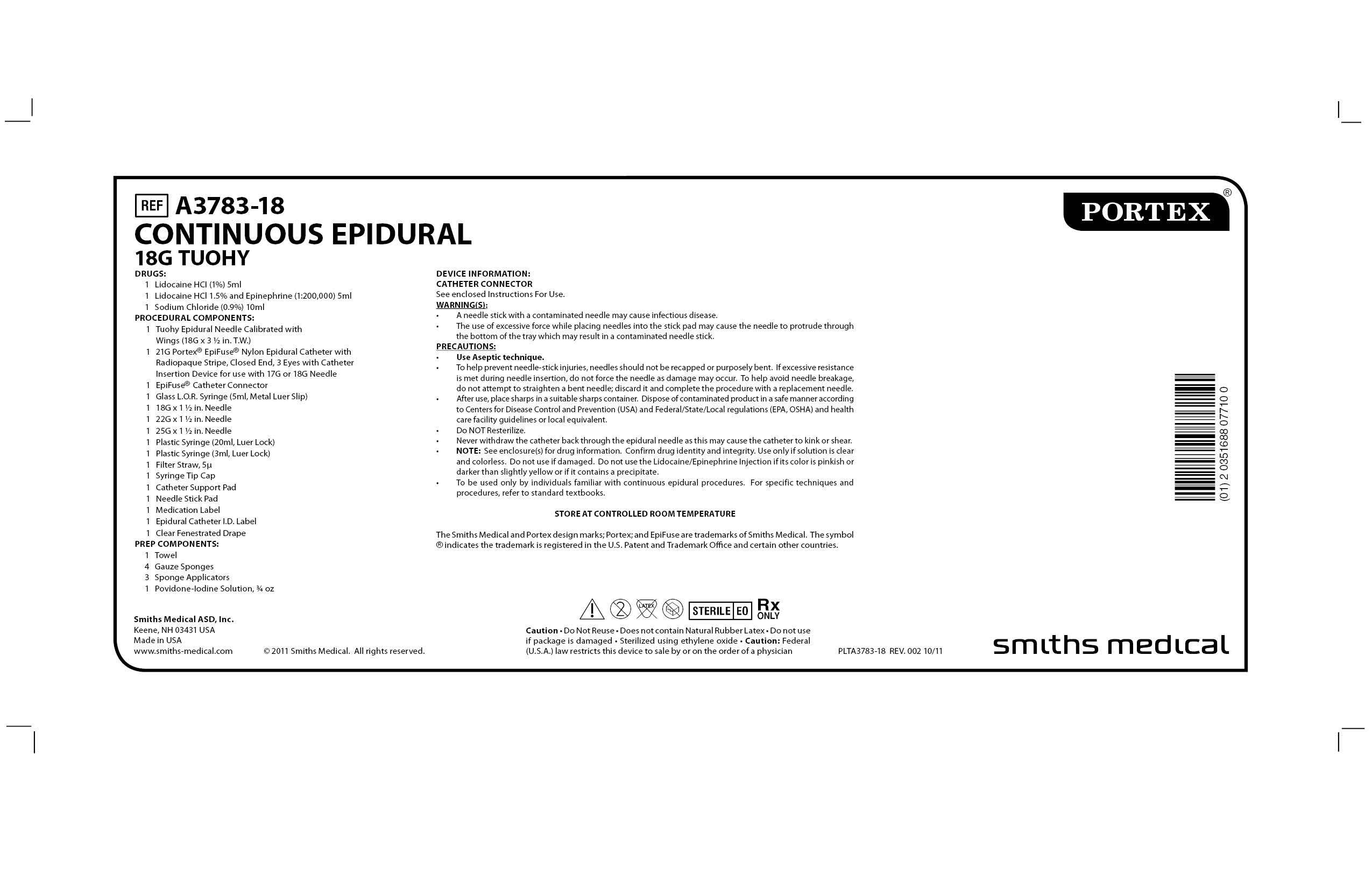 A3783-18 CONTINUOUS EPIDURAL 18G TUOHY