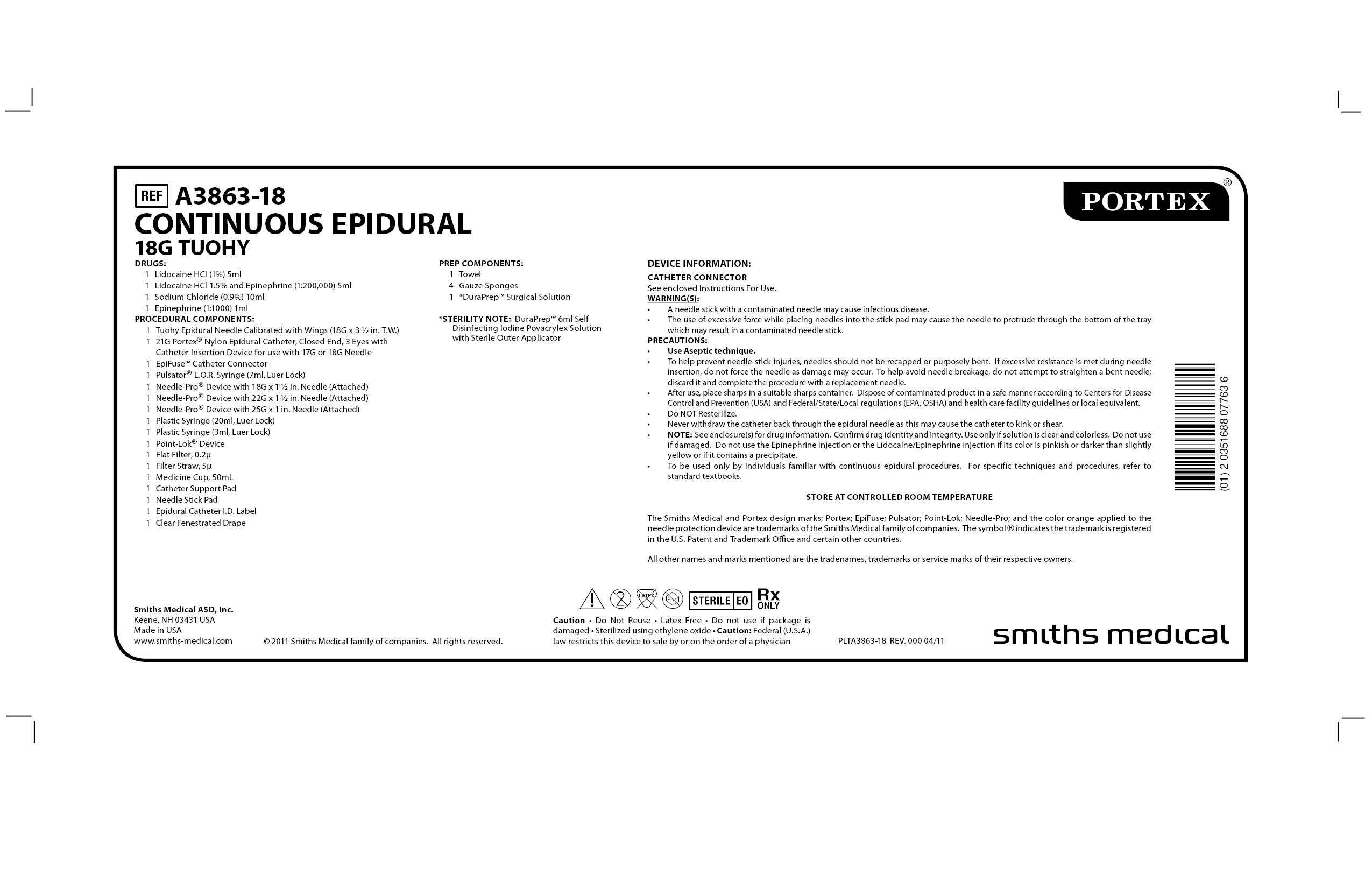 A3863-18 CONTINUOUS EPIDURAL 18G TUOHY