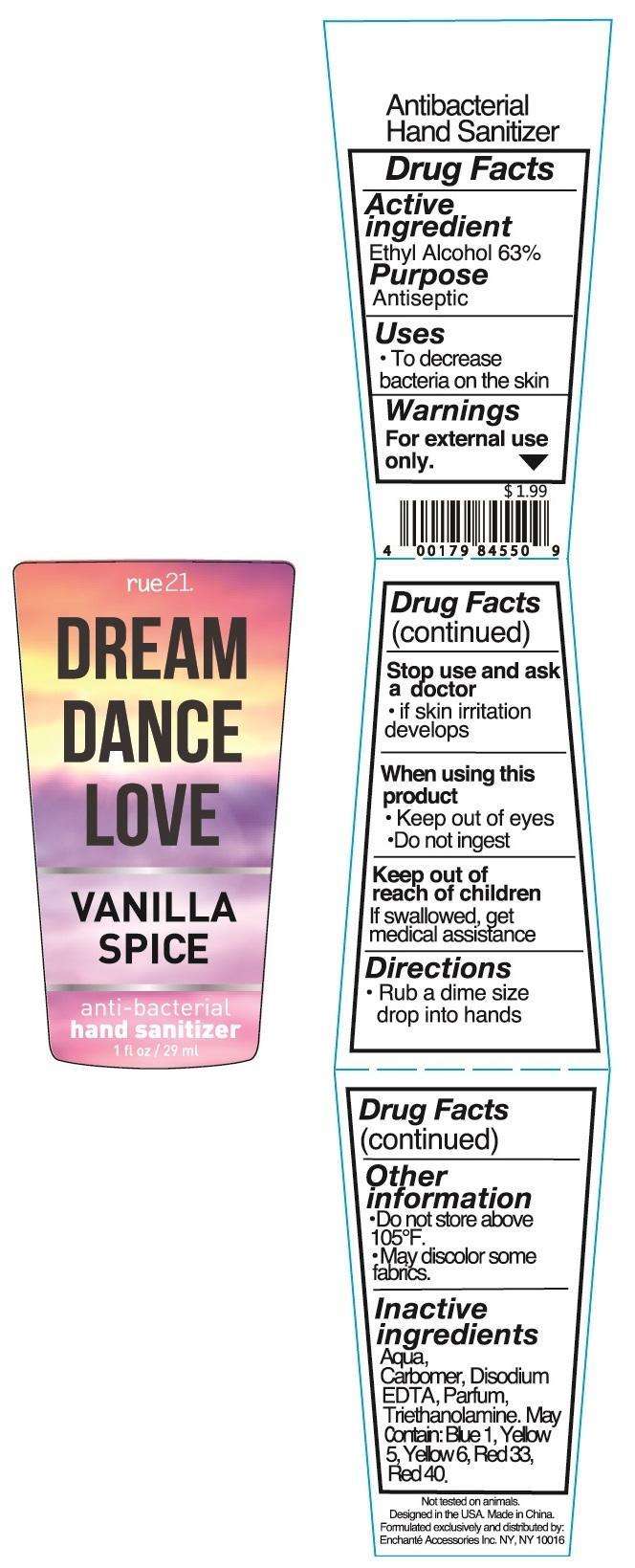 RUE 21 Dream Dance Love Vanilla Spice Anti Bacterial Hand Sanitizer