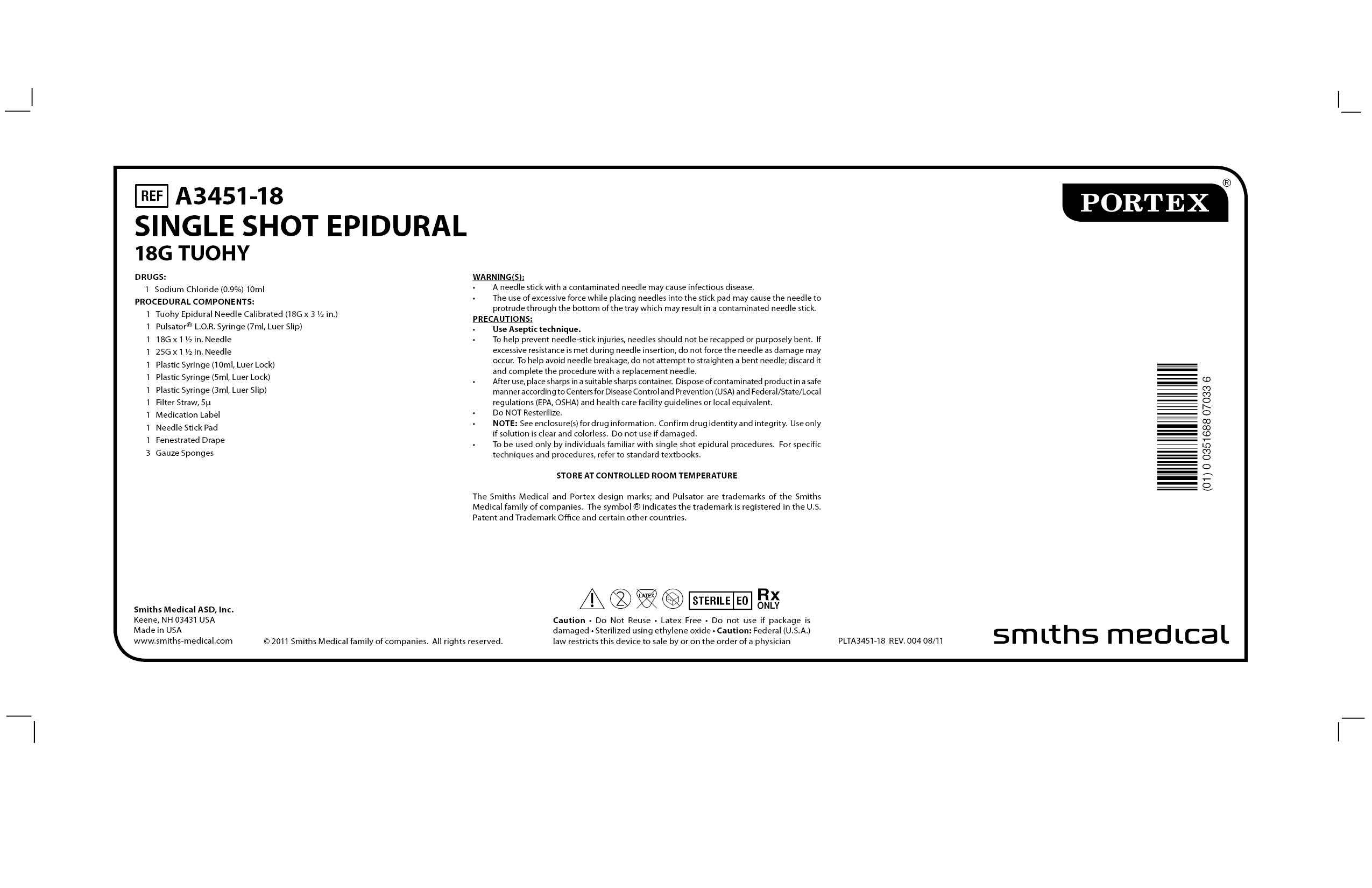 A3451-18 SINGLE SHOT EPIDURAL 18G TUOHY