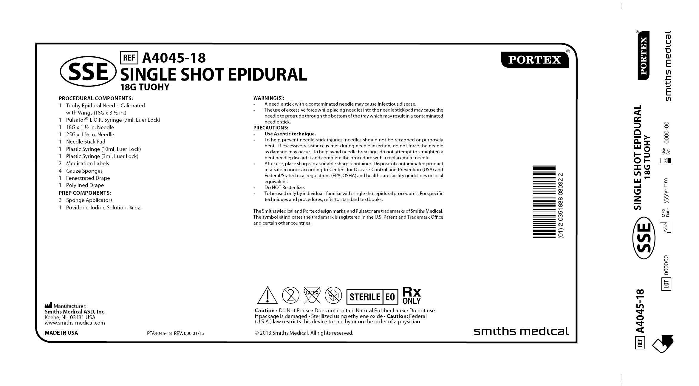 A4045-18 SINGLE SHOT EPIDURAL 18G TUOHY