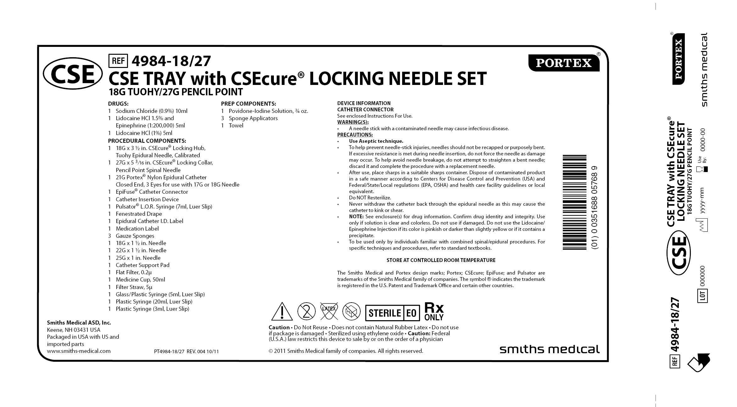 4984-18/27 CSE TRAY with CSEcure LOCKING NEEDLE SET 18G TUOHY/27G PENCIL POINT