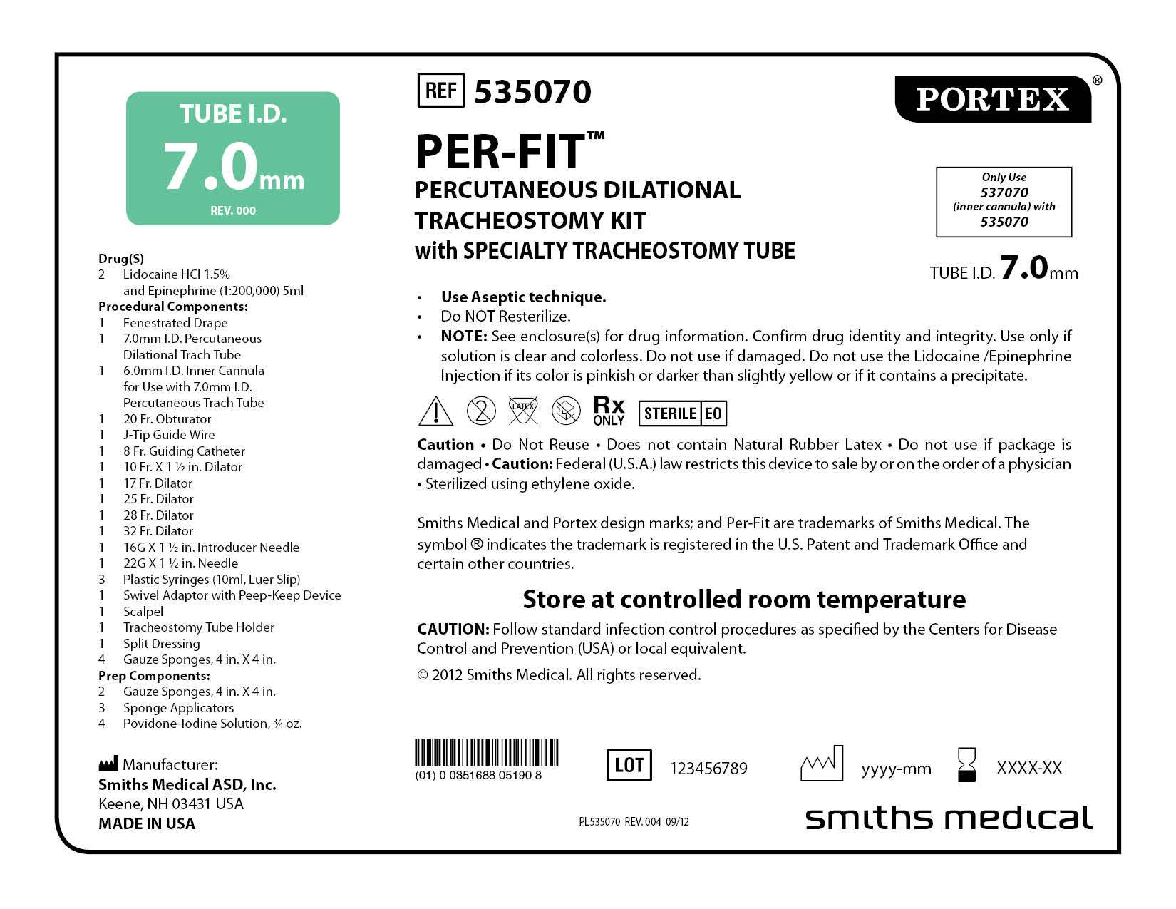 535070 PER-FIT PERCUTANEOUS DILATIONAL TRACHESTOMY KIT with SPECIALTY TRACHEOSTOMY TUBE