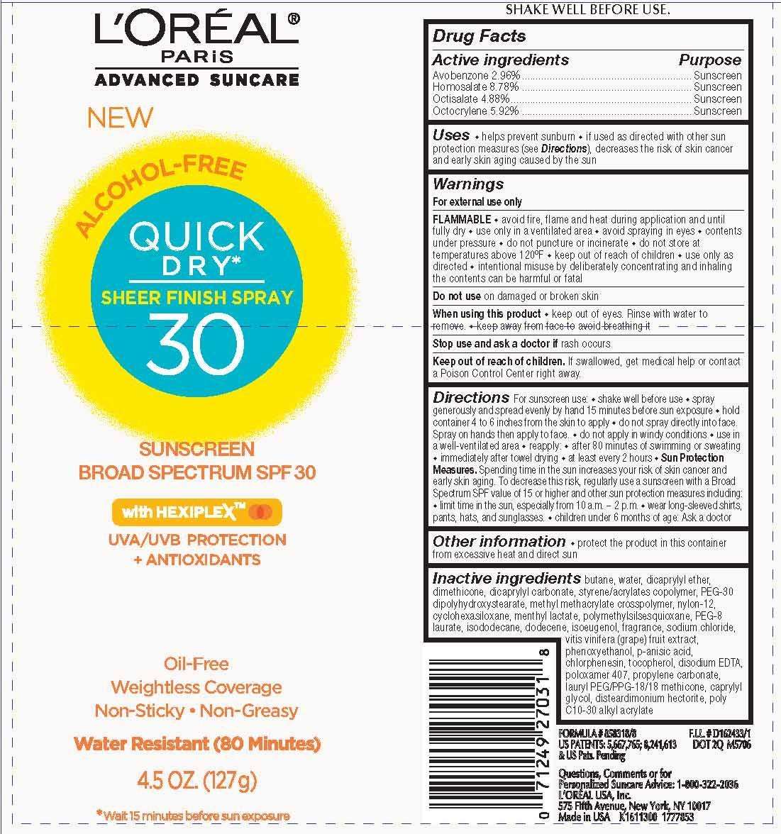 LOreal Paris Advanced Suncare Quick Dry Sheer Finish 30 Broad Spectrum SPF 30 Sunscreen