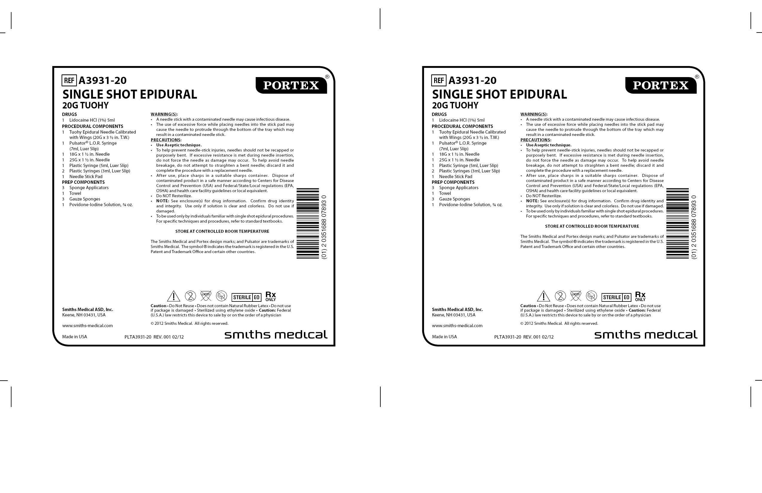 A3931-20 SINGLE SHOT EPIDURAL 20G TUOHY