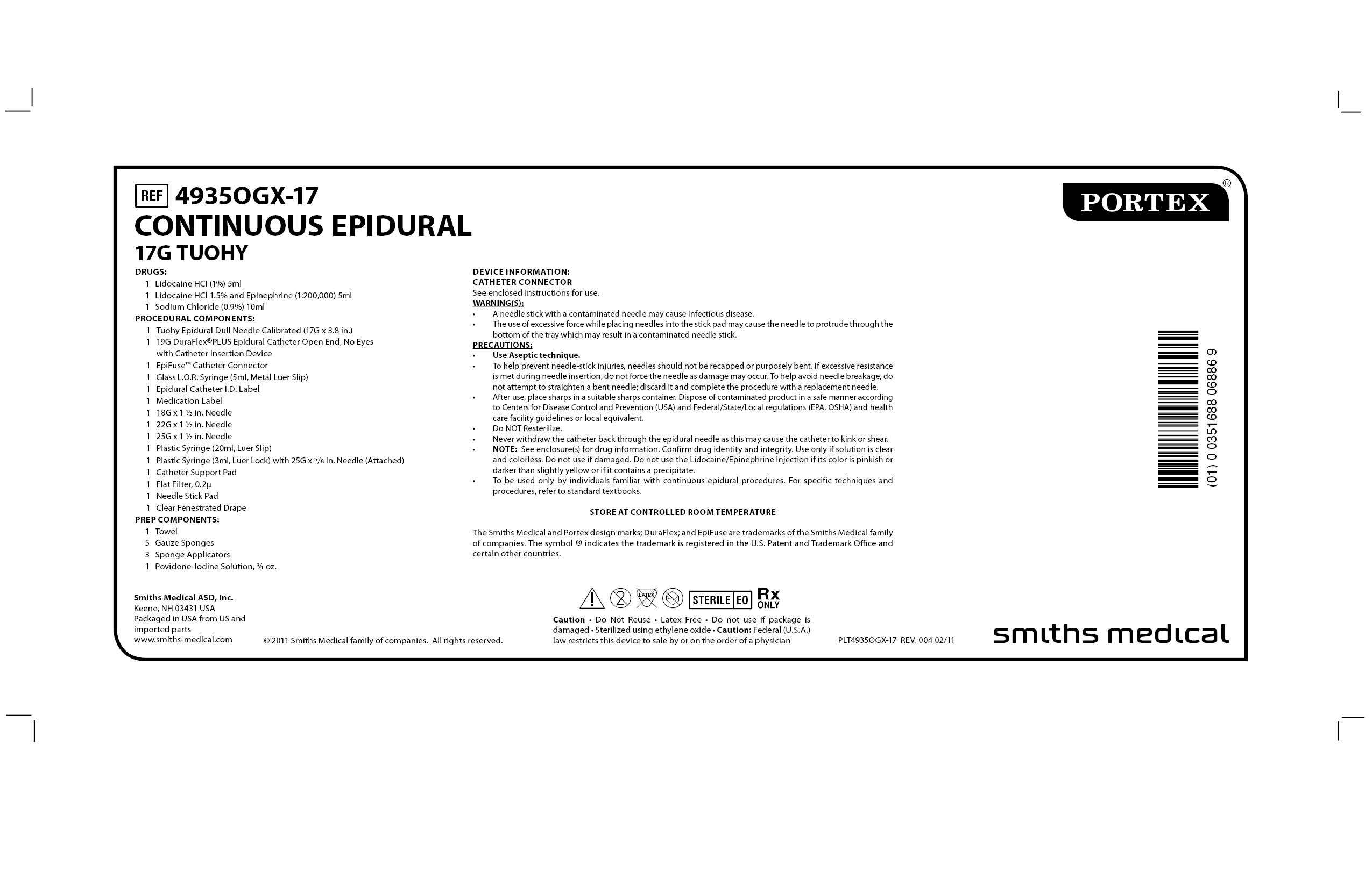 4935OGX-17 CONTINUOUS EPIDURAL 17G TUOHY