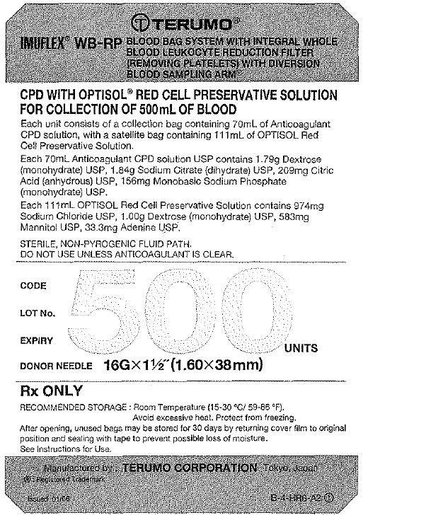 IMUFLEX WB-RP Blood Bag System with Integral Whole Blood Leukocyte Reduction Filter (Removing Platelets) with Diversion Blood Sampling Arm Anticoagulant Citrate Phosphate Dextrose (CPD) AND OPTISOL (AS-5) Red Cell Preservative