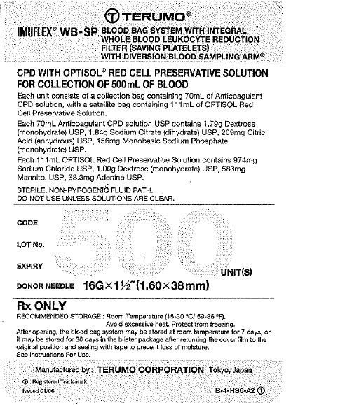 IMUFLEX WB-SP Blood Bag System with Integral Whole Blood Leukocyte Reduction Filter (Saving Platelets) with Diversion Blood Sampling Arm Anticoagulant Citrate Phosphate Dextrose (CPD) AND OPTISOL (AS-5) Red Cell Preservative